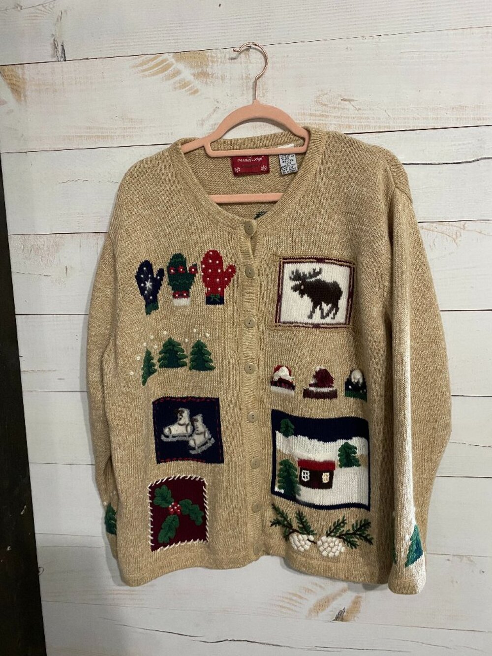 Vintage Holiday Lodge Winter Cabin Knit Cardigan Sweater 18W/20W 2X Gwin